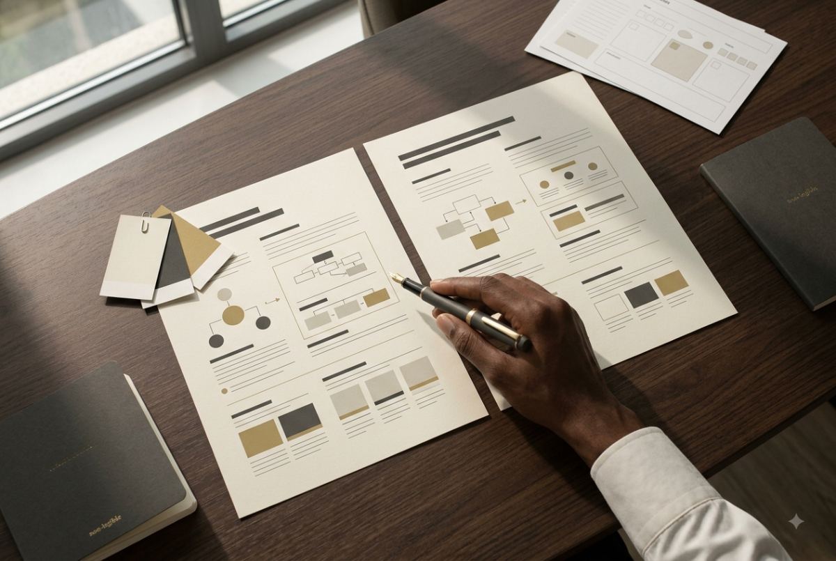 Comparing two printed strategy options on a desk