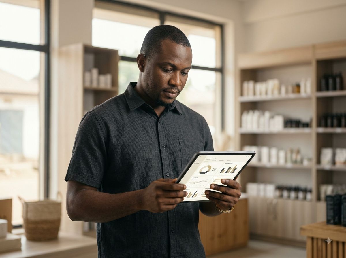 Retail owner reviewing figures on a tablet