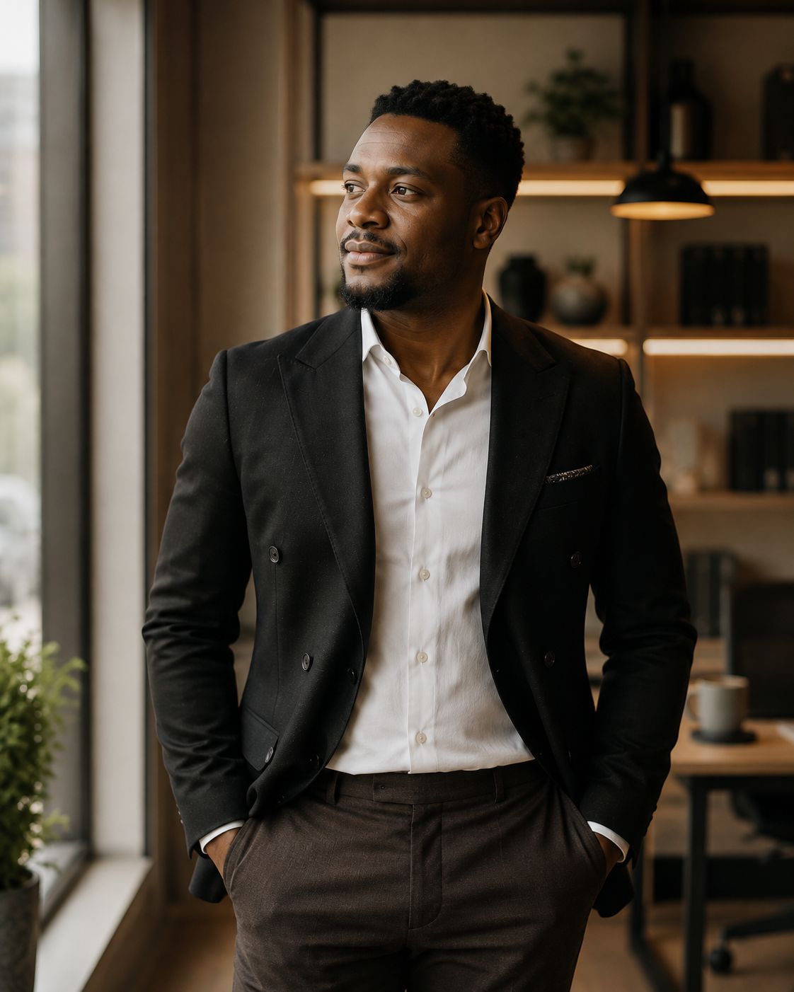 Founder of Lucenture Consult standing in a modern office, looking out toward the window
