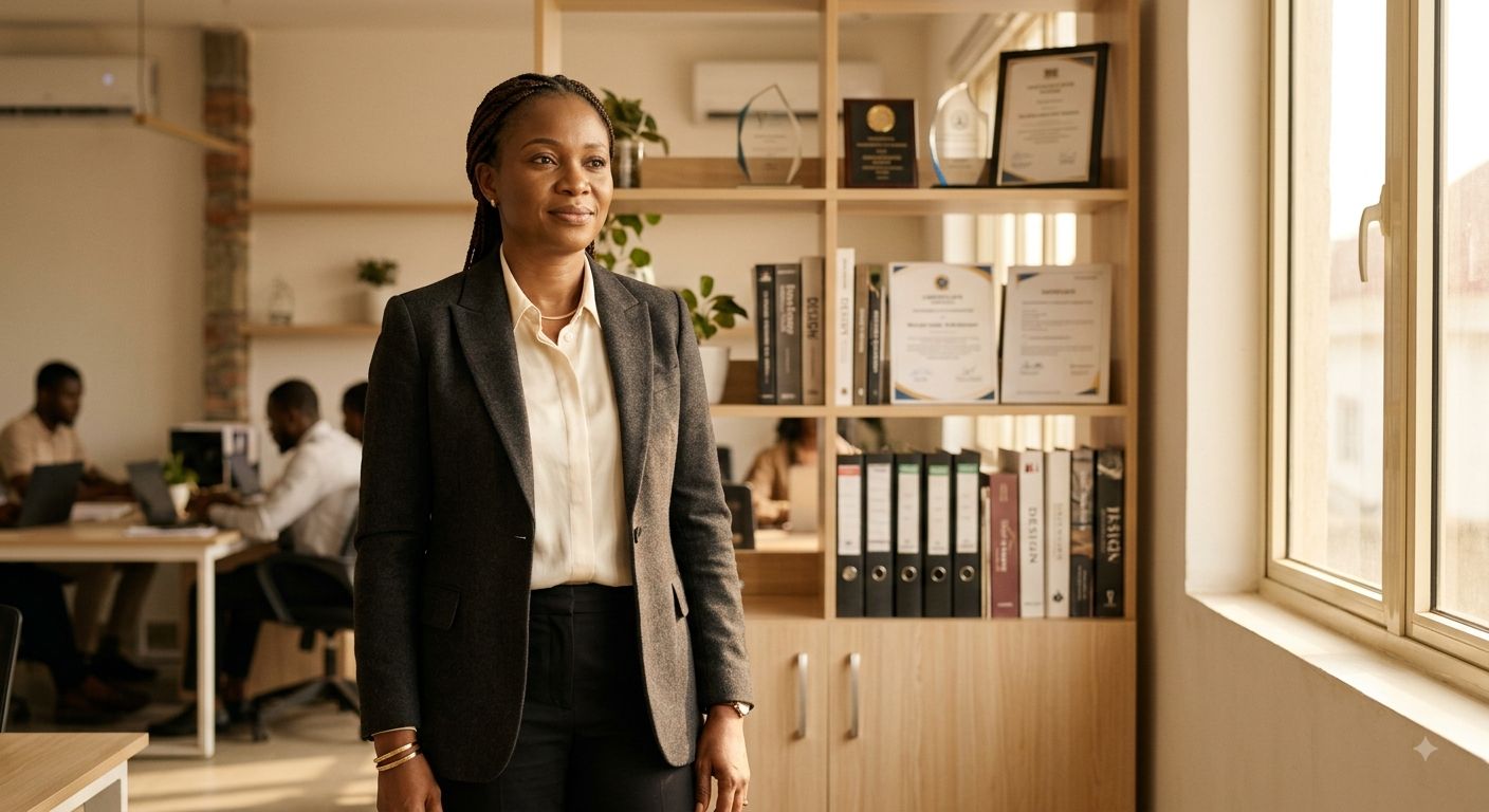 A confident business owner standing in her office