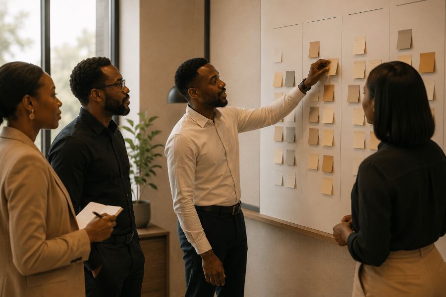 A team at a wall of sticky notes agreeing on priorities, one person placing a note into a column