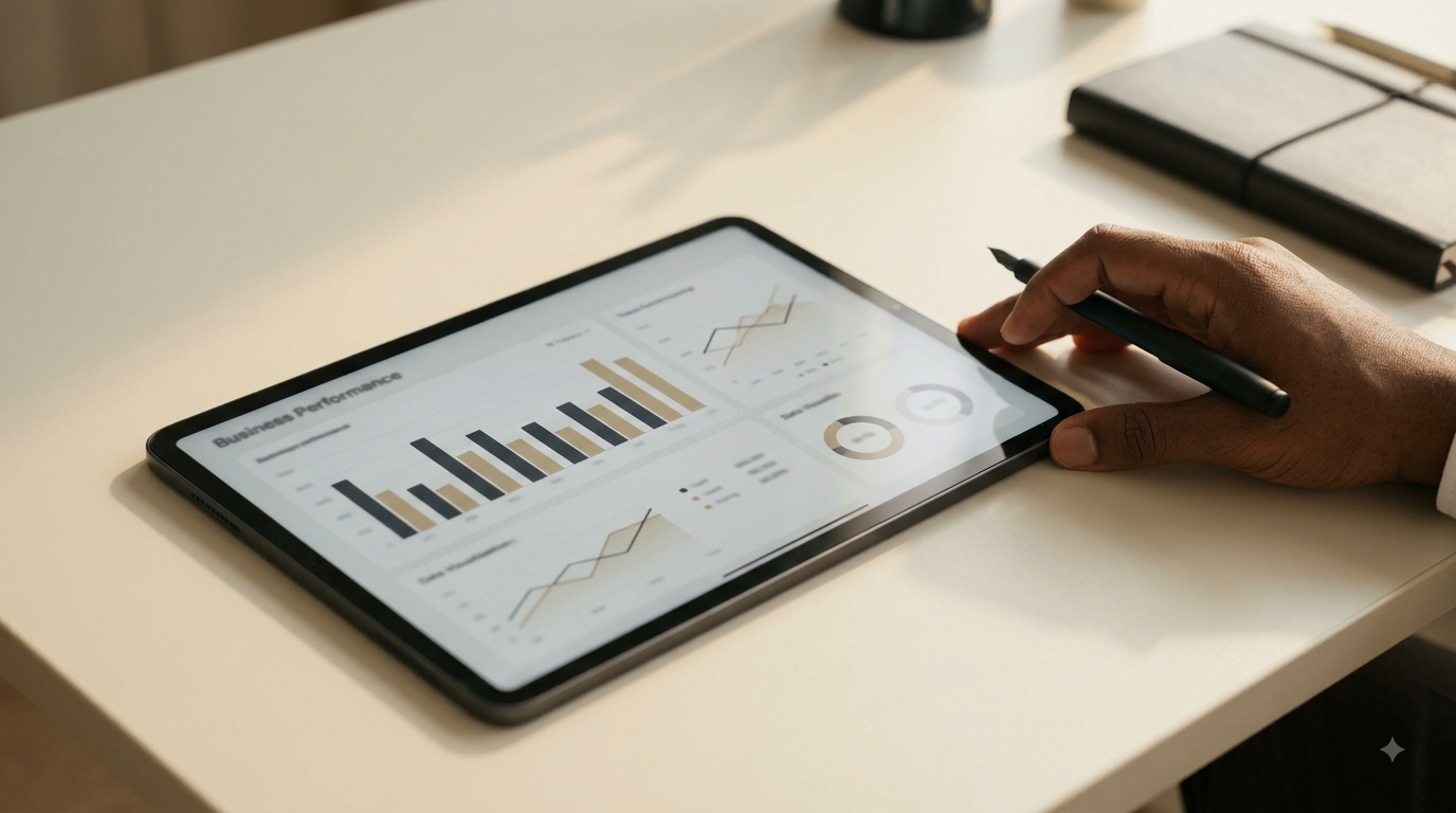 A tablet showing a clean business dashboard with gold and charcoal charts