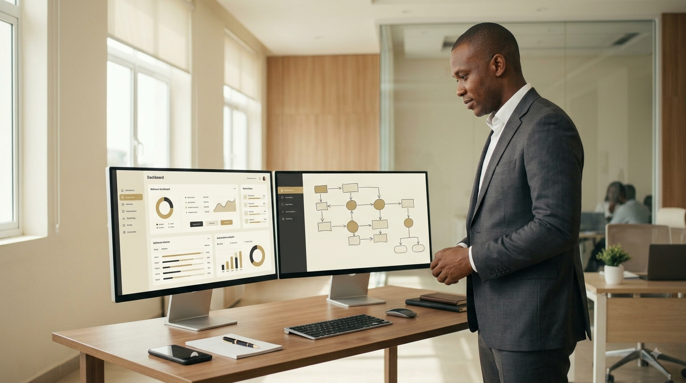 A consultant at a two-screen desk showing a workflow diagram and a business dashboard