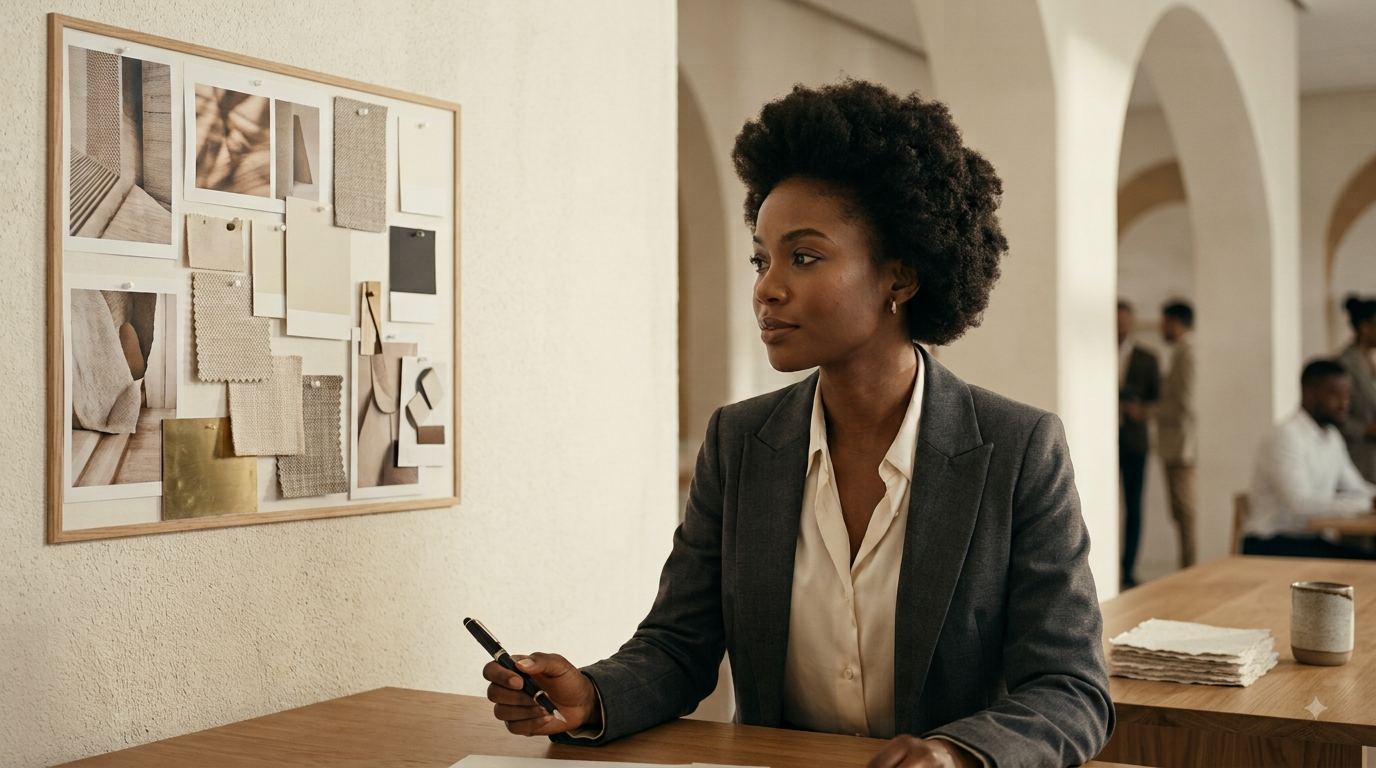 A marketer reviewing brand direction on a monitor beside a printed mood board