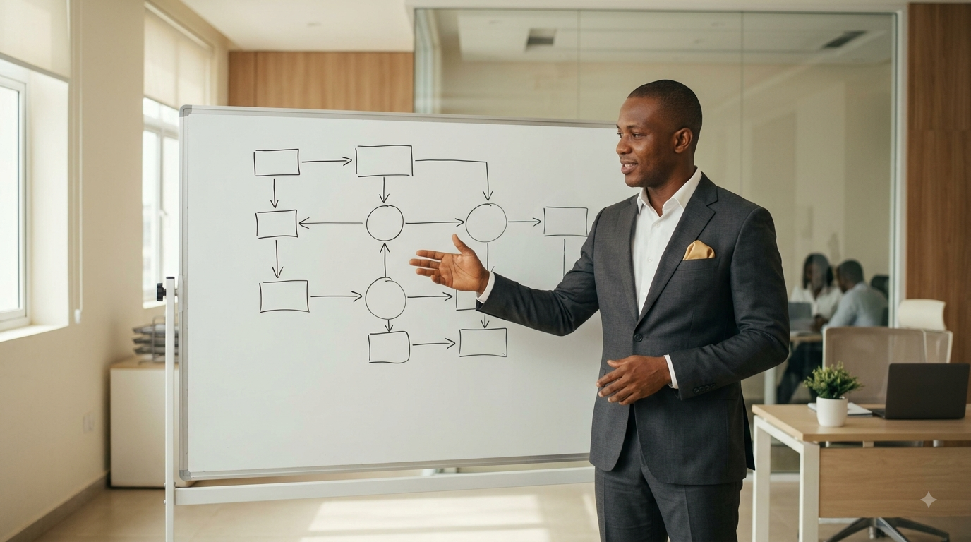 A consultant explaining a process flow diagram on a whiteboard to a small team