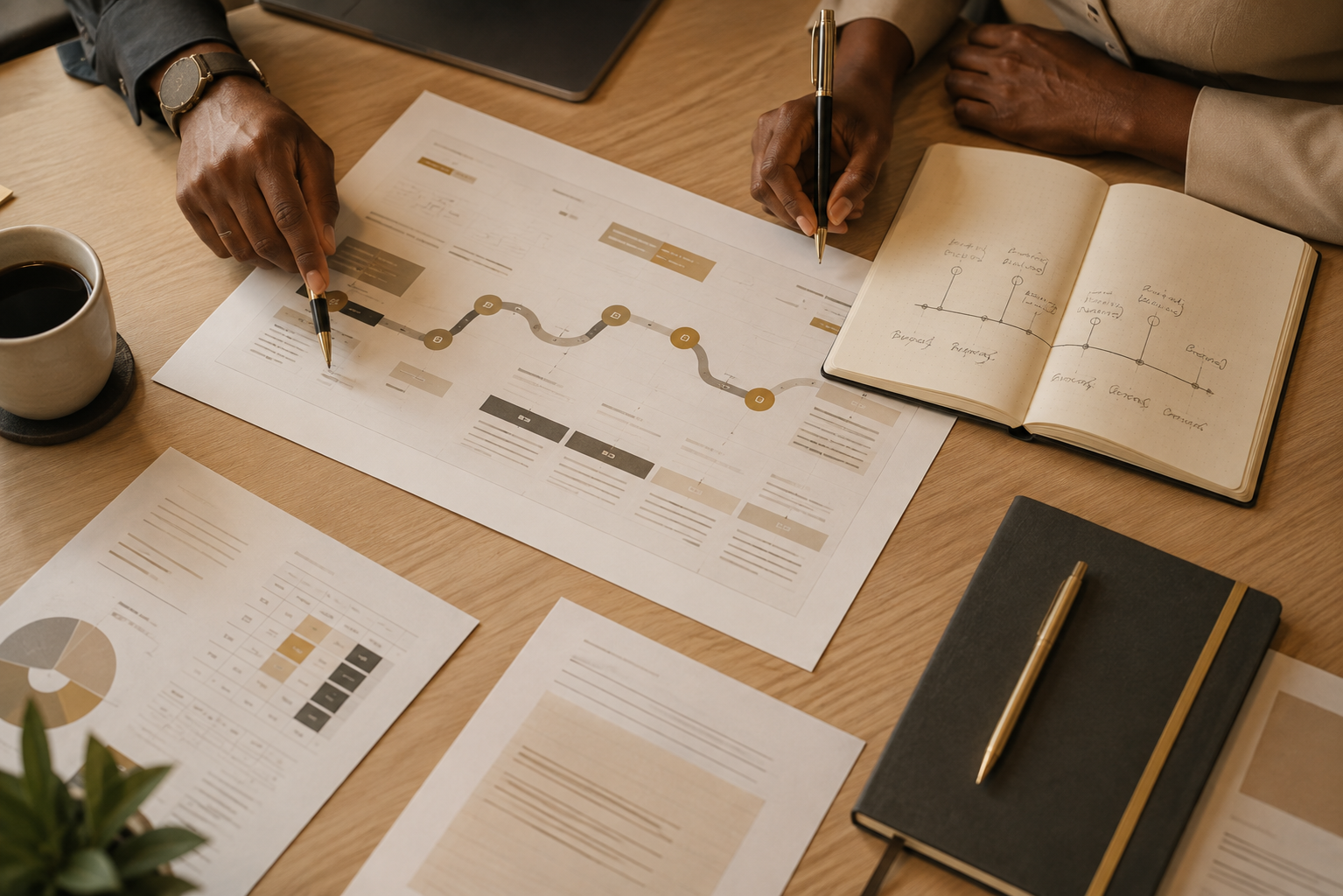 Overhead view of a strategy planning session with a printed roadmap and notebook