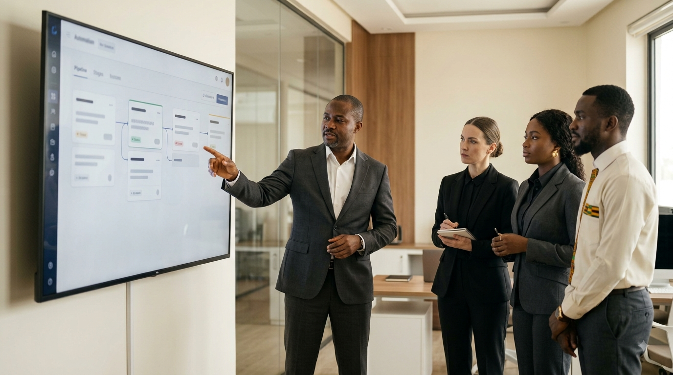 Consultant walking a team through an automation pipeline on a wall screen