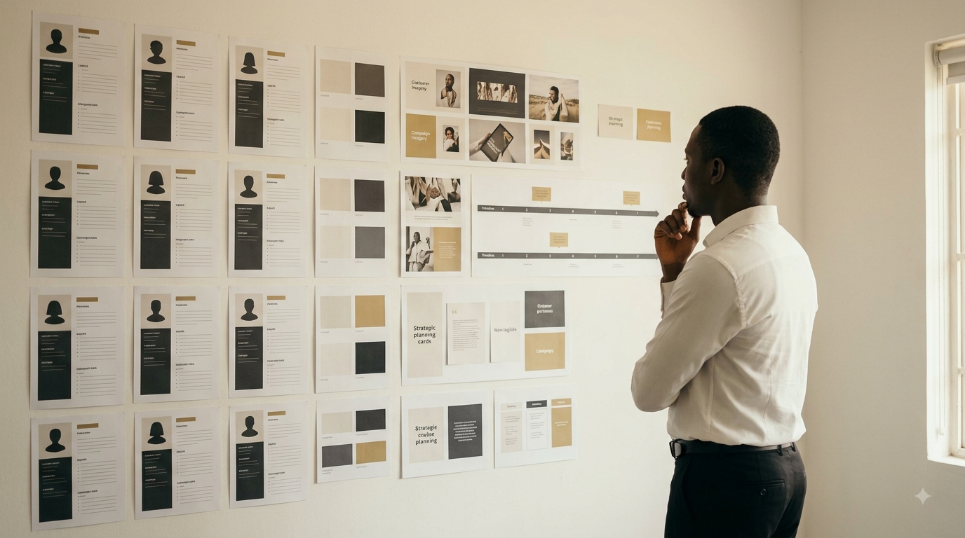 Marketer reviewing a campaign planning wall of personas and timelines