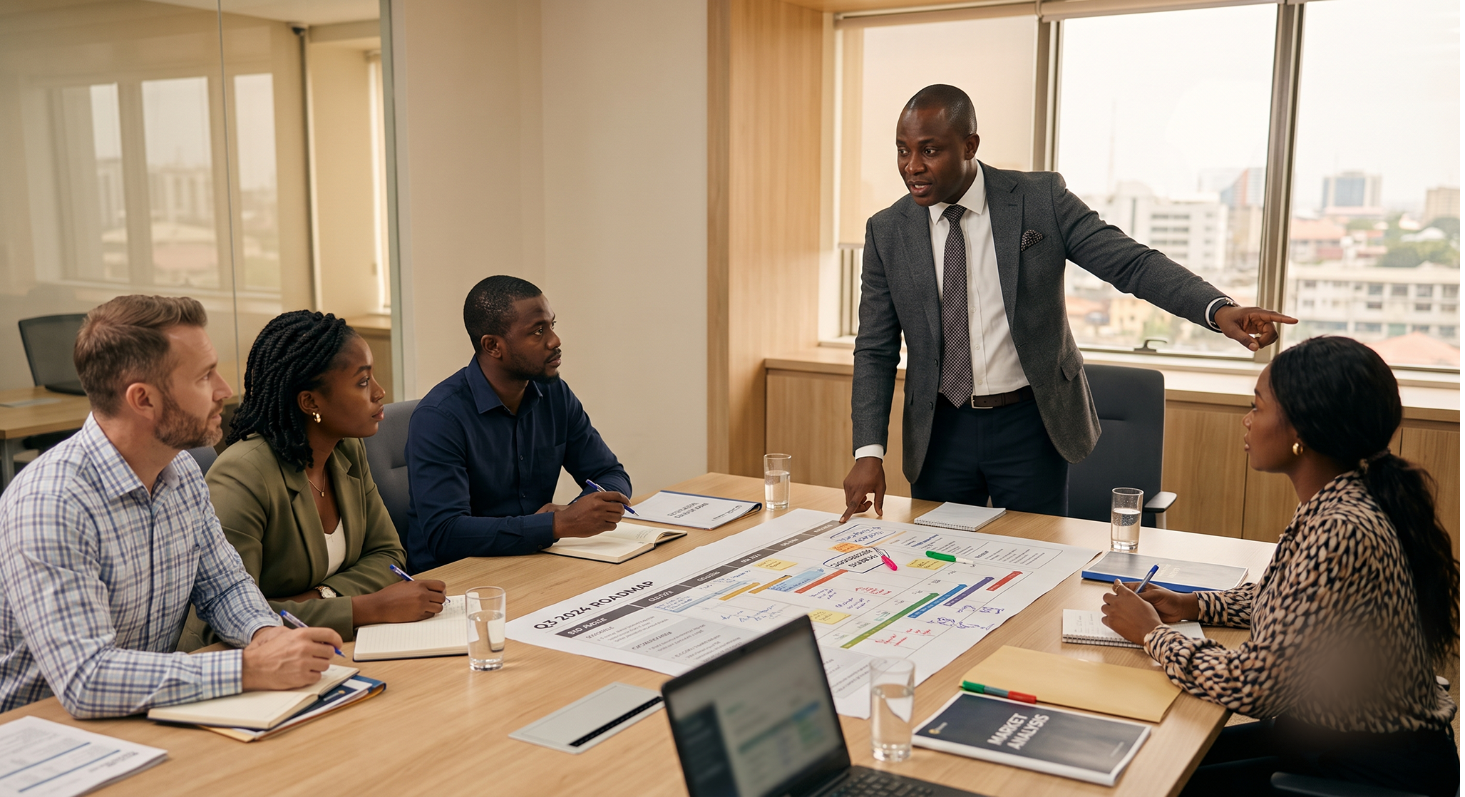 A quarterly planning session with a printed Q3 roadmap on the table and a consultant standing to point at a milestone