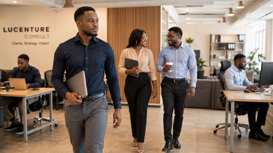 A consulting team moving through a bright open-plan office