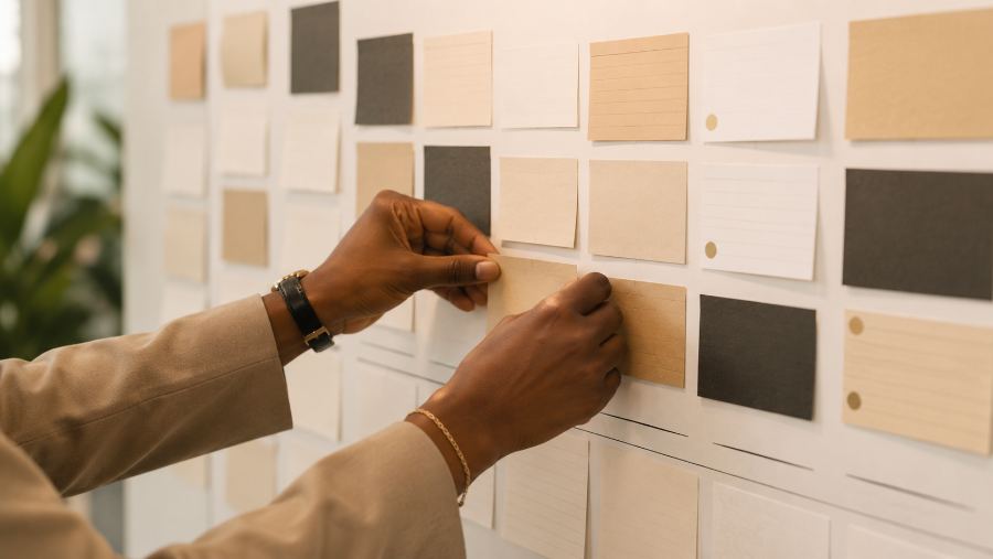 Hands arranging labelled cards into an ordered grid on a wall