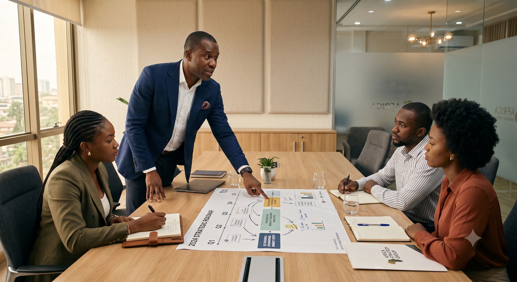 A consultant presenting a strategic roadmap to a client team around a boardroom table